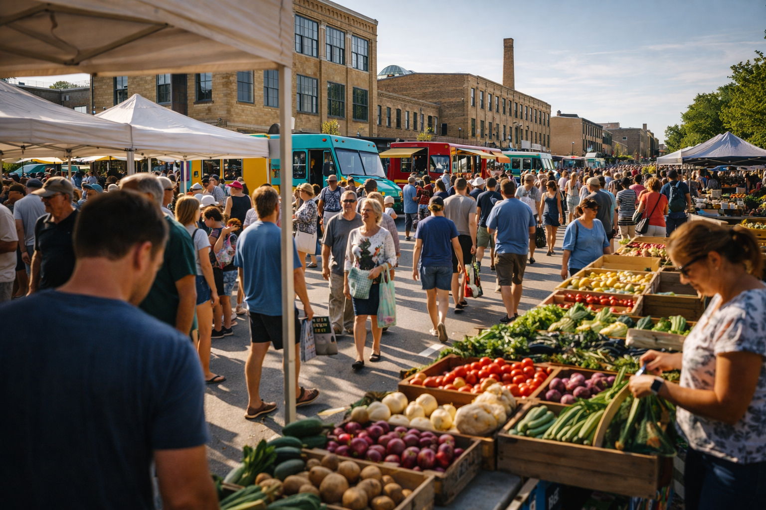 Crowds of people browsing fresh food stands and food trucks at the vibrant Farmers Market on Broadway in Green Bay.