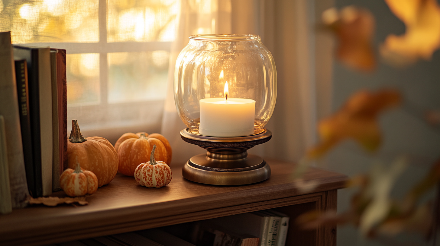 Vintage-style candle warmer with a glowing candle, surrounded by small pumpkins on a wooden shelf for fall decor.