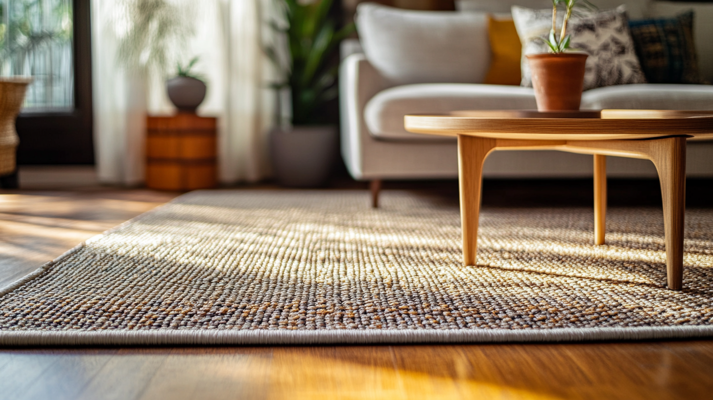 Close-up of woven rug and coffee table in bright living room. Close-up view of a textured woven rug on wooden flooring in a bright, airy living room setting.