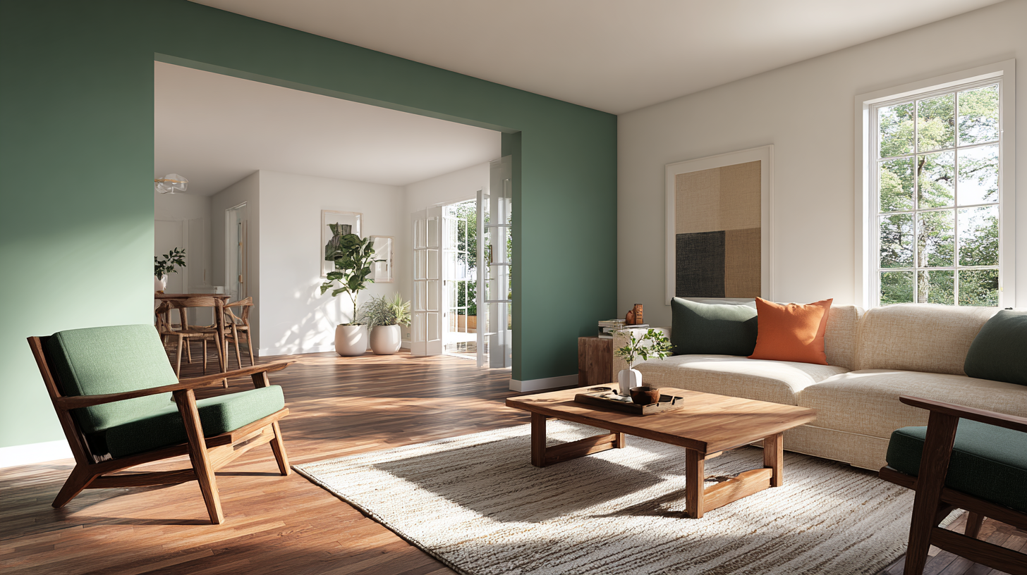 Modern living room with green accent wall and natural wood tones showing how to combine colors in your home