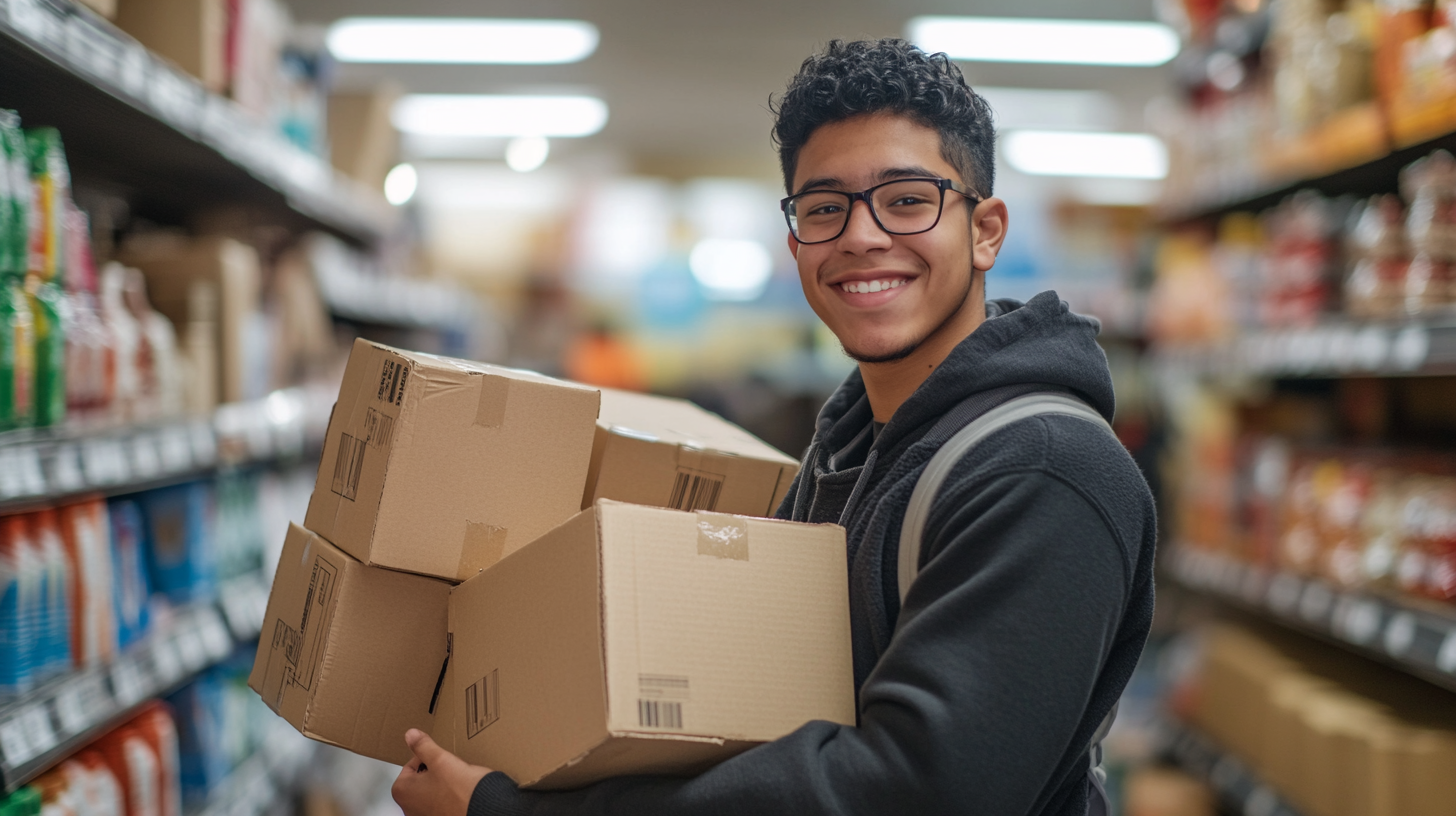 Smiling individual holding free moving boxes collected from a local store, illustrating a cost-effective moving house hack.