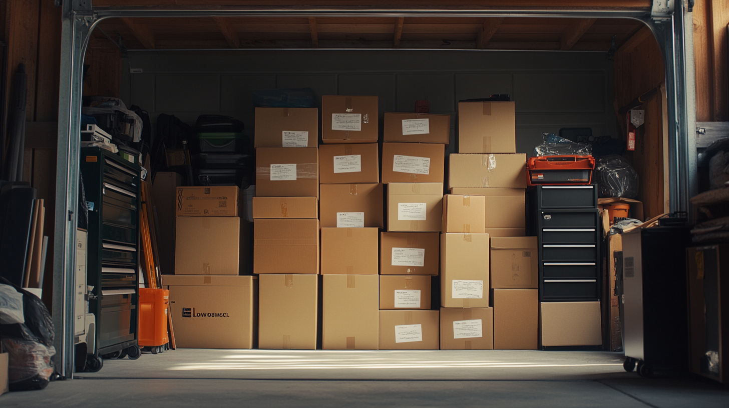 Stacked, labeled moving boxes in a garage, showcasing an organized and color-coded moving method.