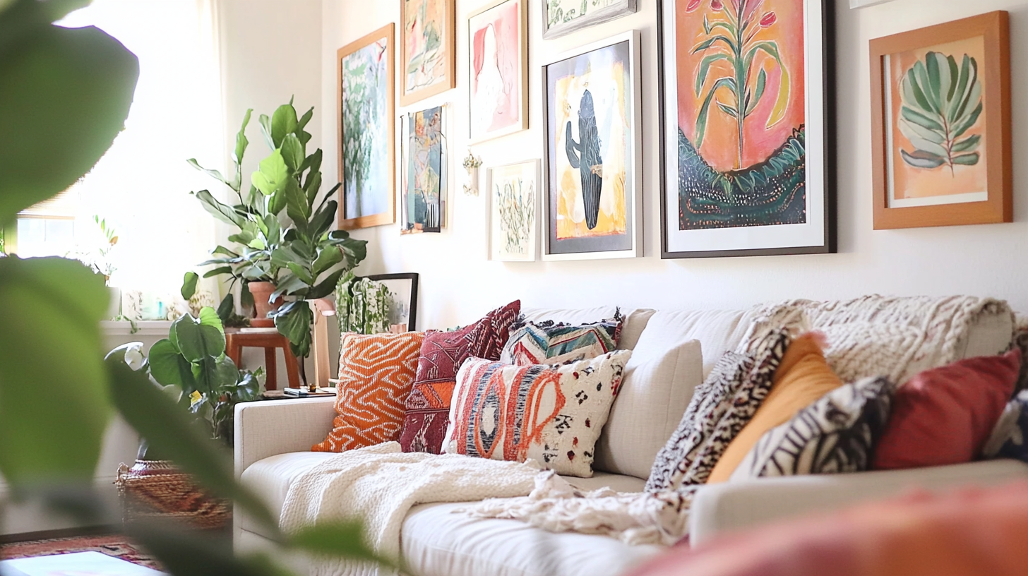 Colorful gallery wall above a sofa with patterned pillows and houseplants. Bright living room with a colorful gallery wall, patterned throw pillows, and lush houseplants around a modern sofa.
