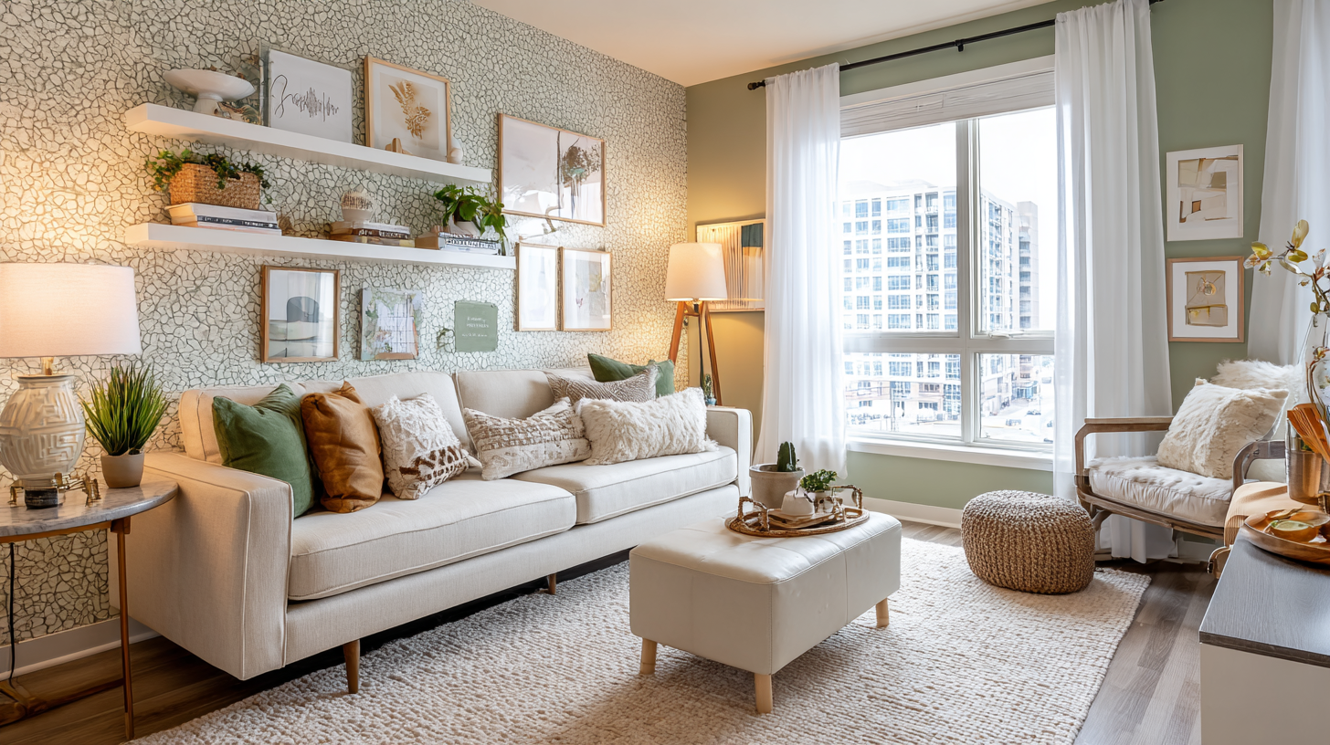 Cozy apartment living room in Wisconsin with renter-friendly decor and large window.