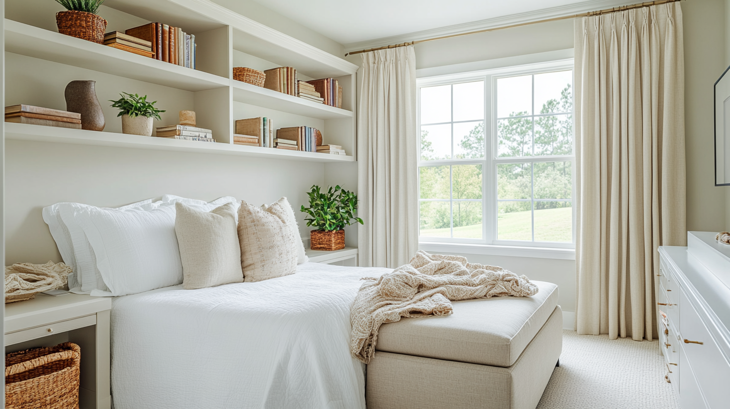 Bright, cozy bedroom with white bedding, built-in shelves displaying books and decor, and natural light coming through a large window.