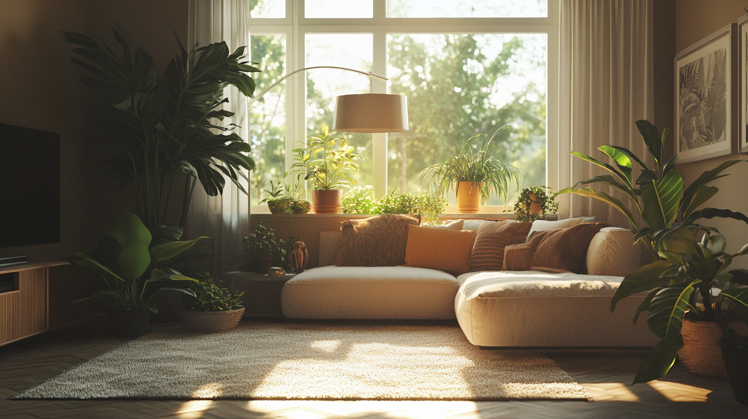Cozy modern living room with houseplants, large windows, and soft sunlight.