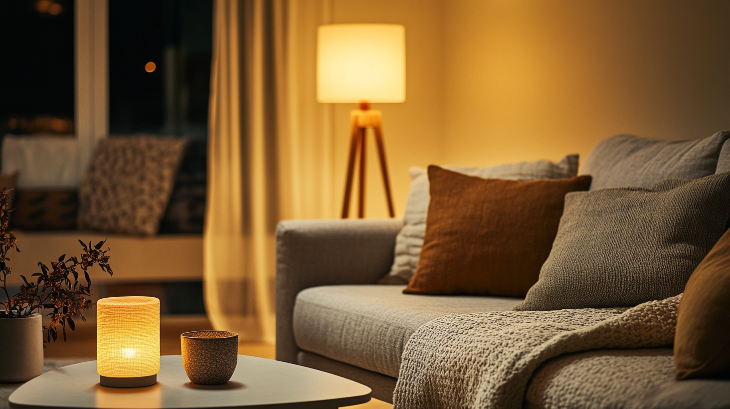 Cozy living room at night with warm lighting and sofa pillows. Cozy living room at night with soft, warm lighting from a table lamp and textured pillows on a modern sofa.