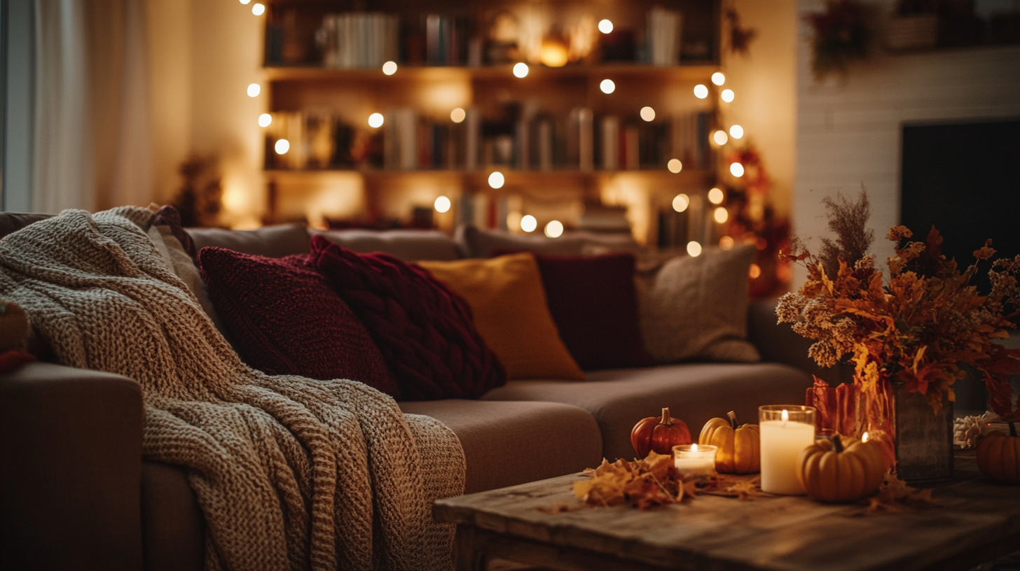 A cozy fall living room with burgundy and mustard throw pillows, a knitted blanket, and a wooden cof