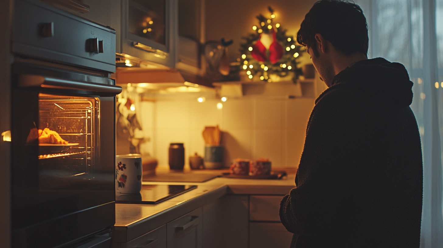 Cozy kitchen scene with an oven and festive holiday decor.