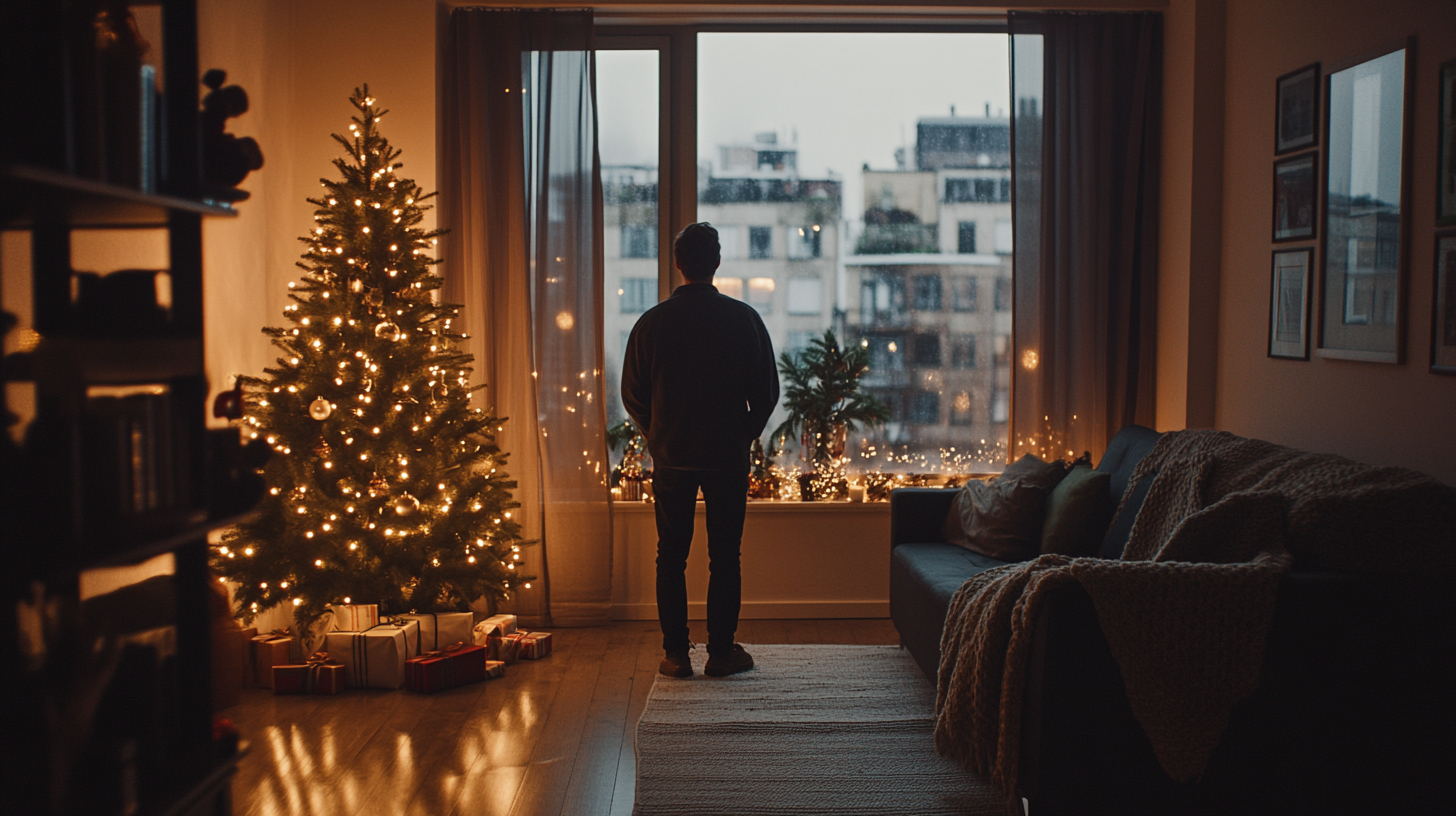 Cozy living room with a Christmas tree and warm lights.