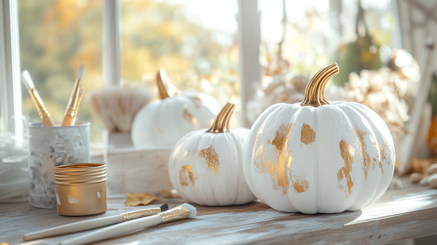 DIY painted pumpkins with white and gold accents on a crafting table, perfect for fall home decor.