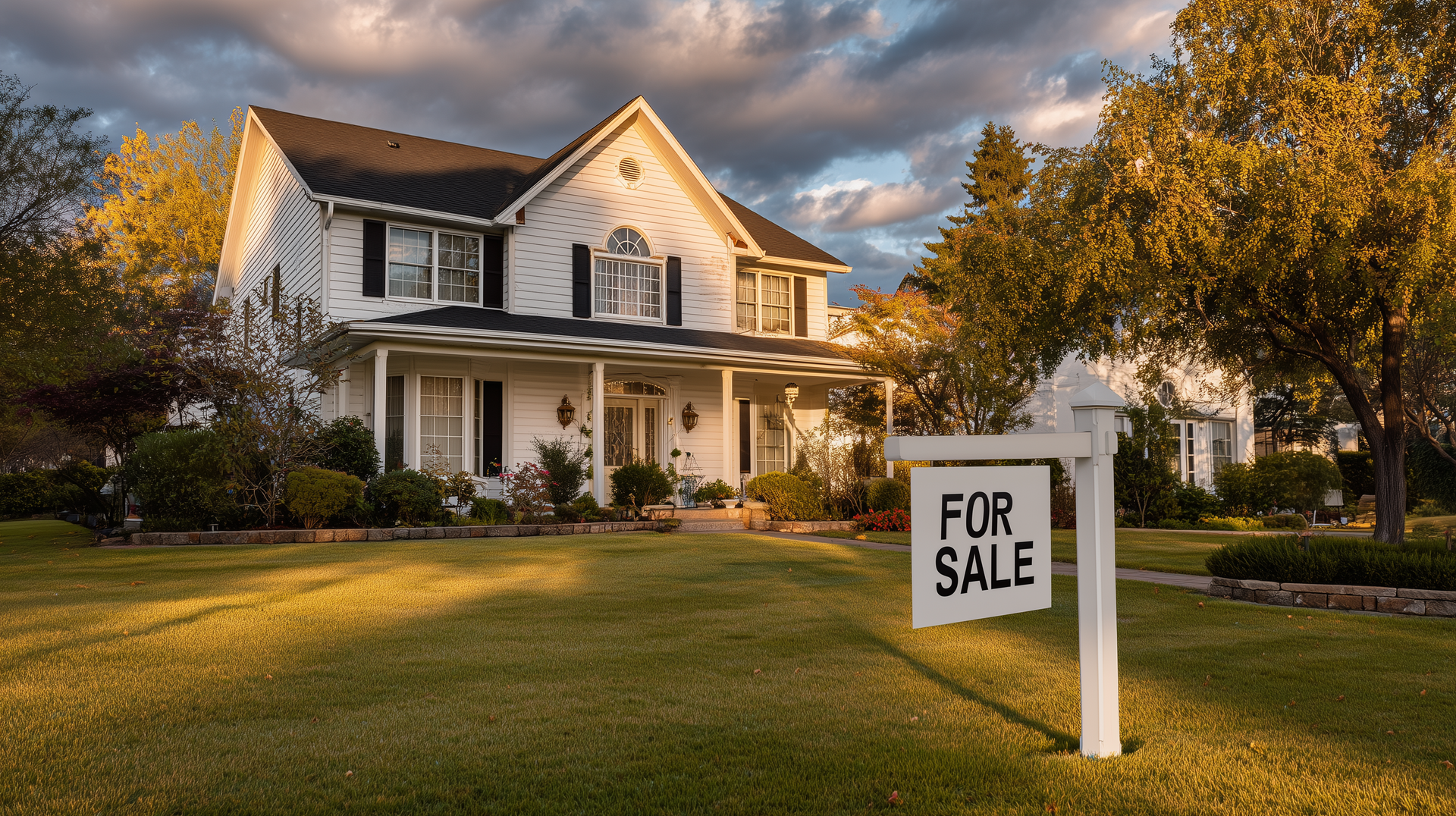 For sale sign in front of a suburban house at sunset, reflecting Warren Buffett’s “do not buy a hous