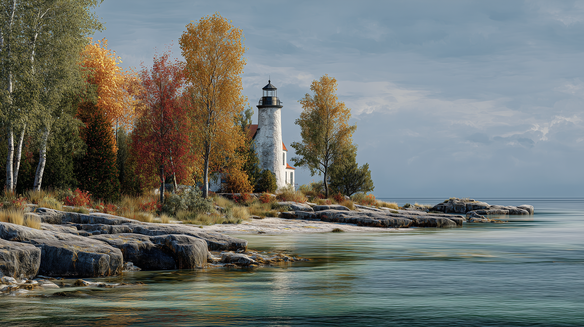 Door County lighthouse in peak fall color Door County lighthouse on a rocky shoreline with peak fall colors and calm water in Wisconsin