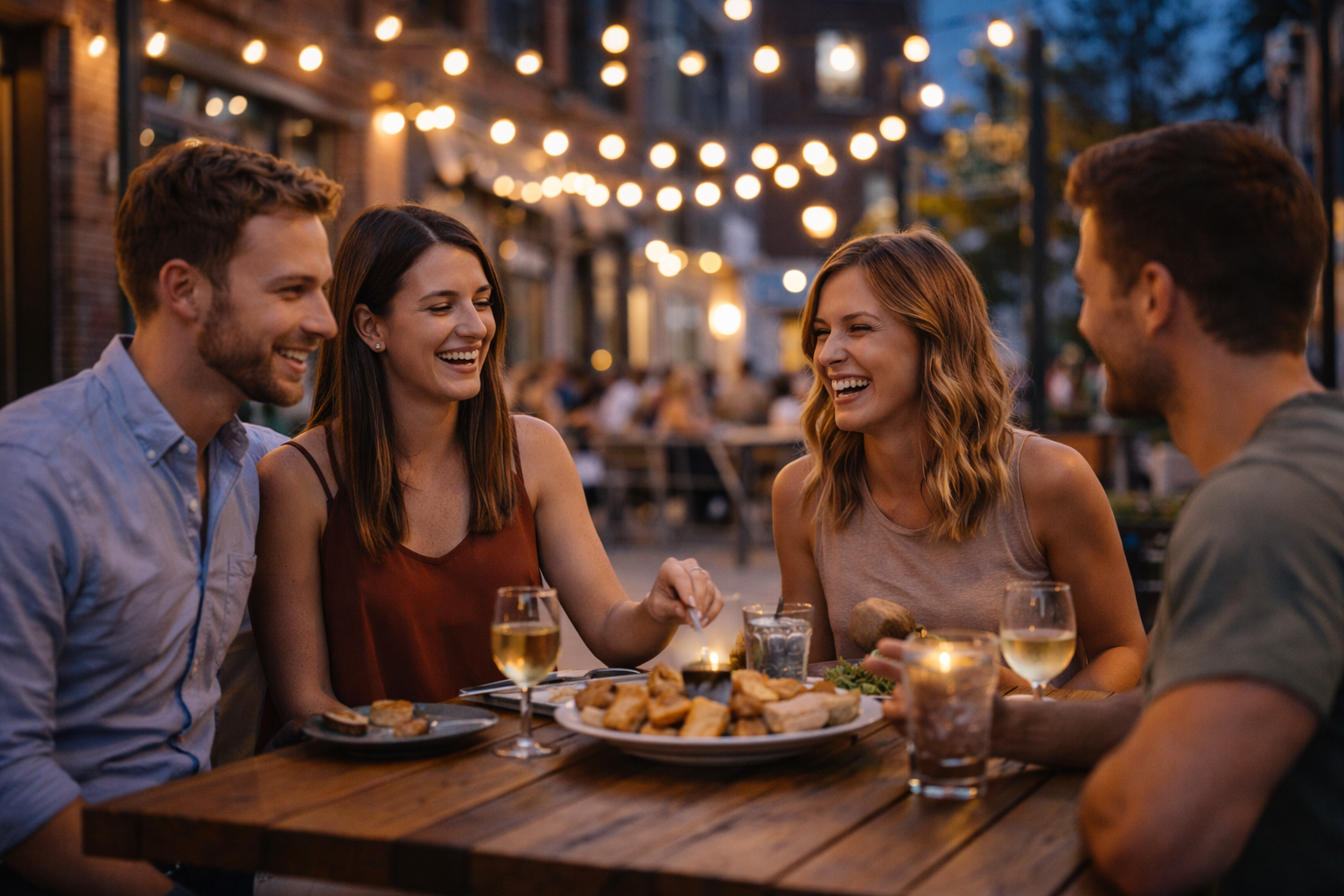 Young professionals enjoying dinner and drinks on an outdoor restaurant patio under string lights in downtown Green Bay.