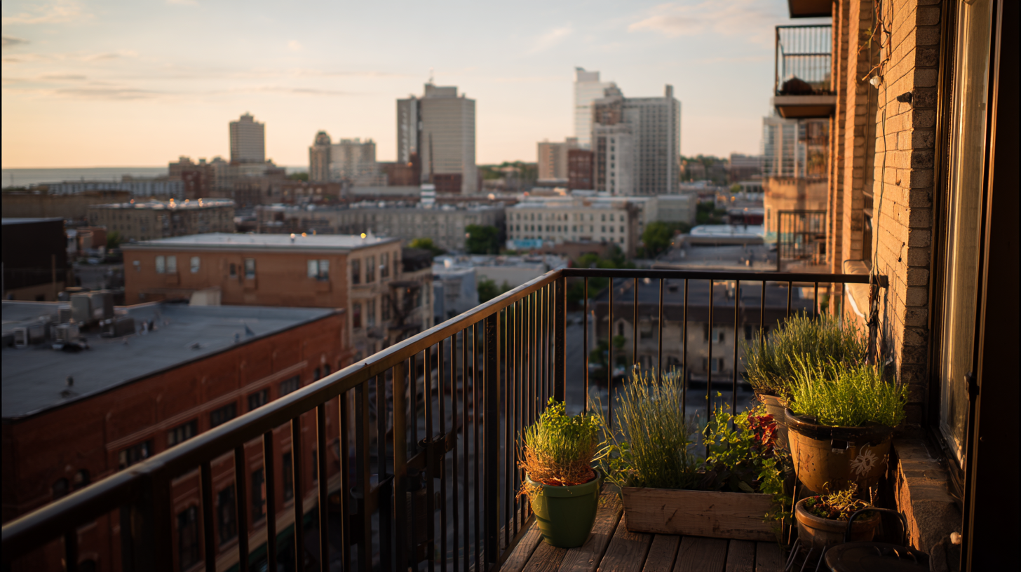 Urban balcony apartment view overlooking downtown Milwaukee skyline.