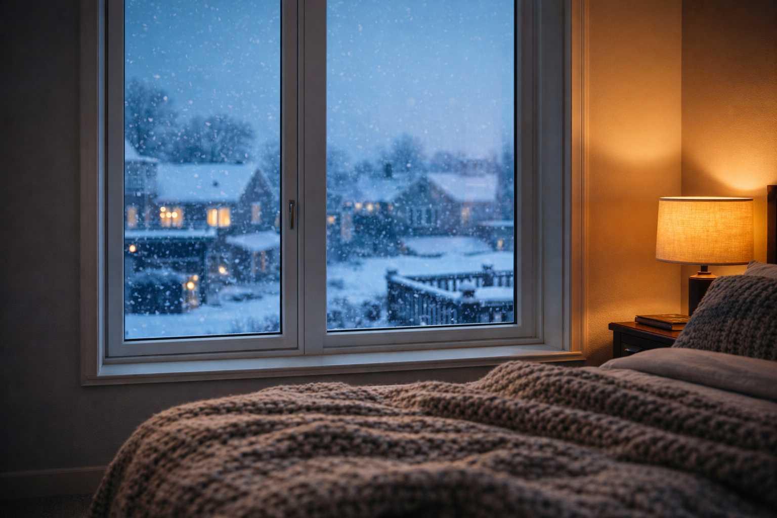 A warm and cozy apartment bedroom with modern windows looking out onto a snowy evening in Green Bay.