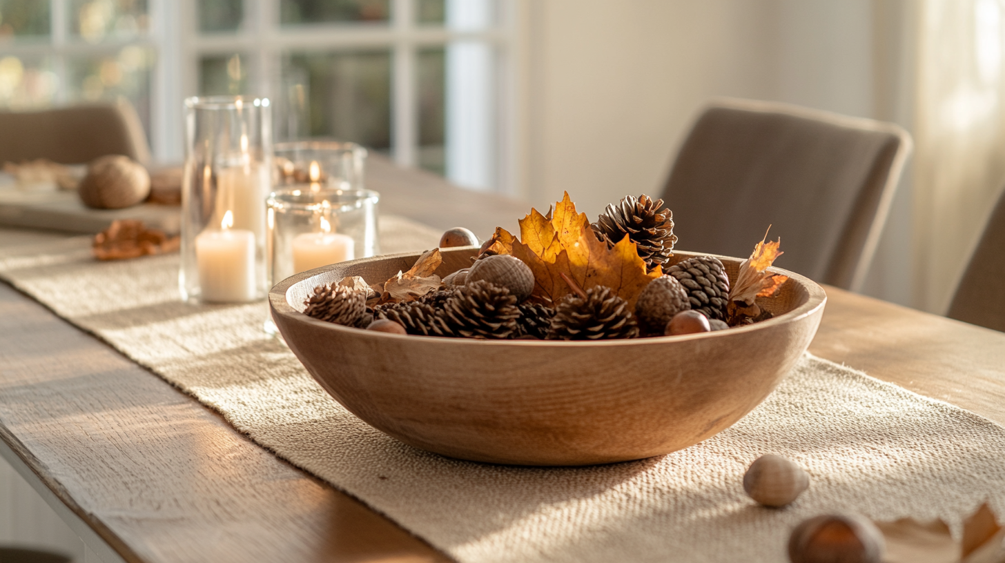 Rustic fall dining table with a wooden bowl centerpiece filled with pinecones, acorns, and dried leaves, surrounded by votive candles.