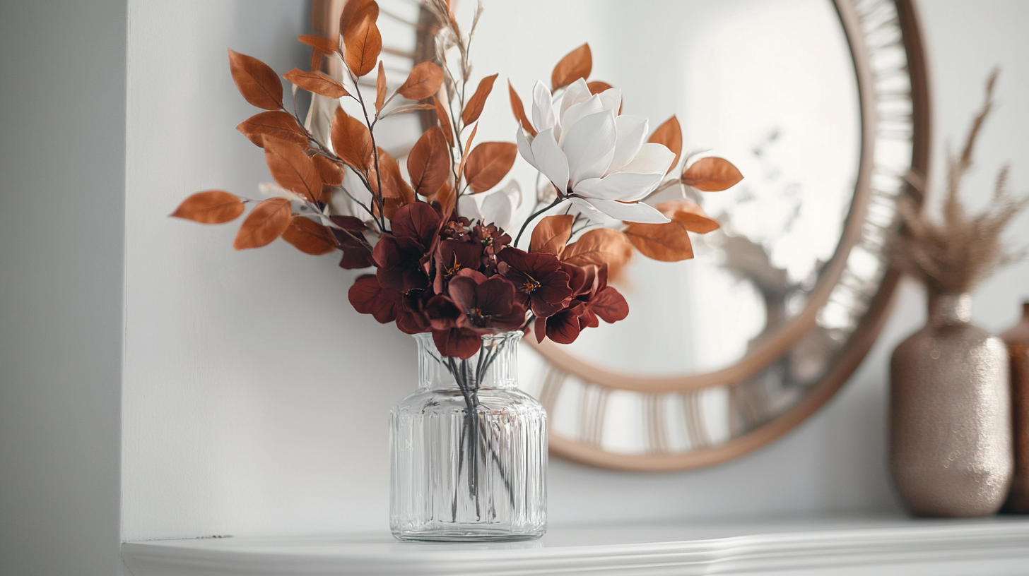 Clear glass vase on a white mantel with faux magnolia stems and burgundy wildflowers, perfect for fall floral decor.