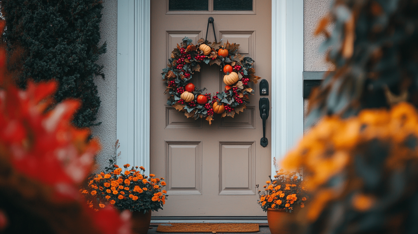 Front door decorated with a fall wreath featuring mixed foliage, mini pumpkins, and berries, surrounded by potted chrysanthemums.