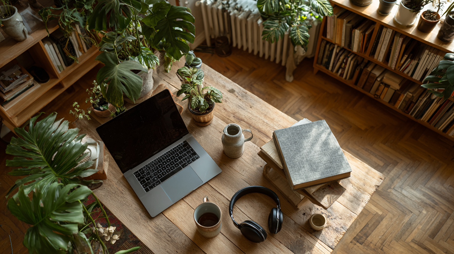 Wooden desk in a first apartment with plants, books, and a laptop in Milwaukee