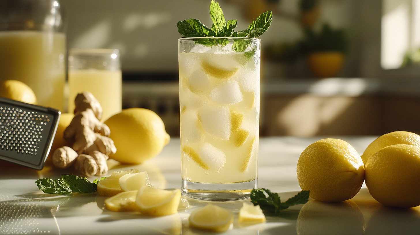 Zesty ginger mint lemonade Tall glass of ginger and mint lemonade with ice, fresh lemon slices, and mint leaves