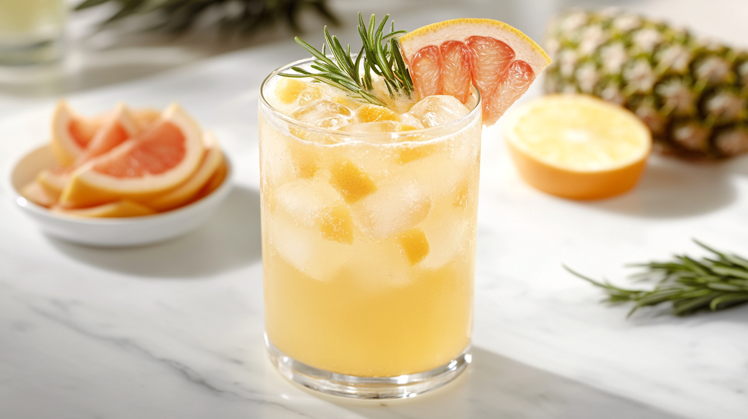 Fizzy grapefruit and rosemary spritzer Grapefruit and rosemary spritzer in a glass with ice cubes and pink grapefruit garnish