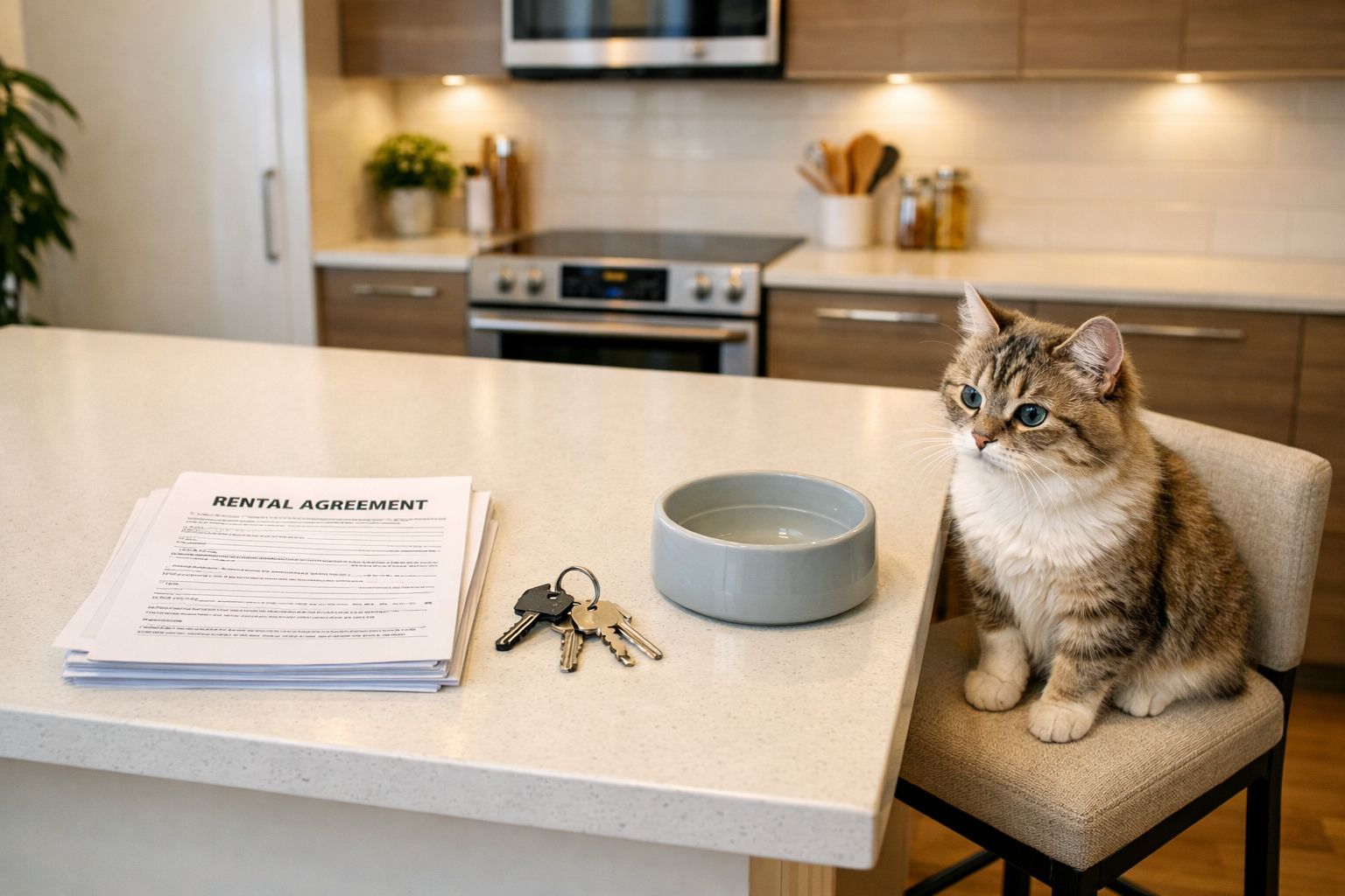 A fluffy cat sitting on a bright kitchen counter next to a rental agreement, apartment keys, and a water bowl.