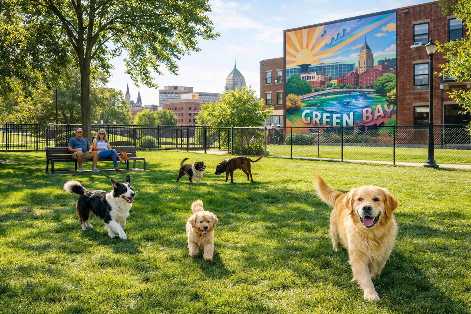 Several dogs playing off-leash at a sunny urban dog park in Green Bay with a large colorful city mural in the background.