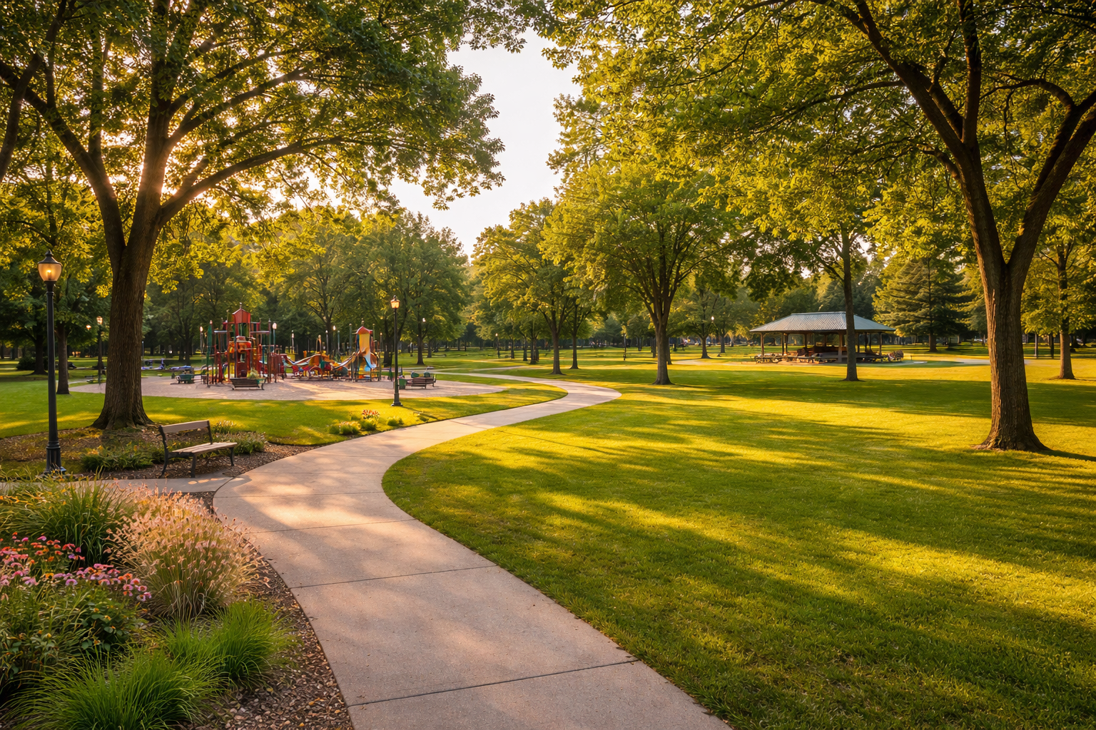A sunny park in Green Bay with a playground, walking paths, and large shade trees during golden hour.