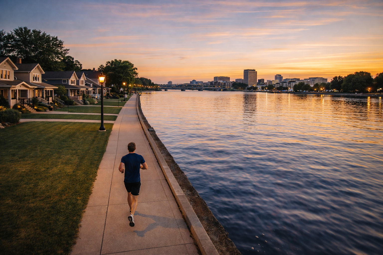 A resident jogging along the scenic Fox River Trail with the Green Bay downtown skyline in the background at dusk.