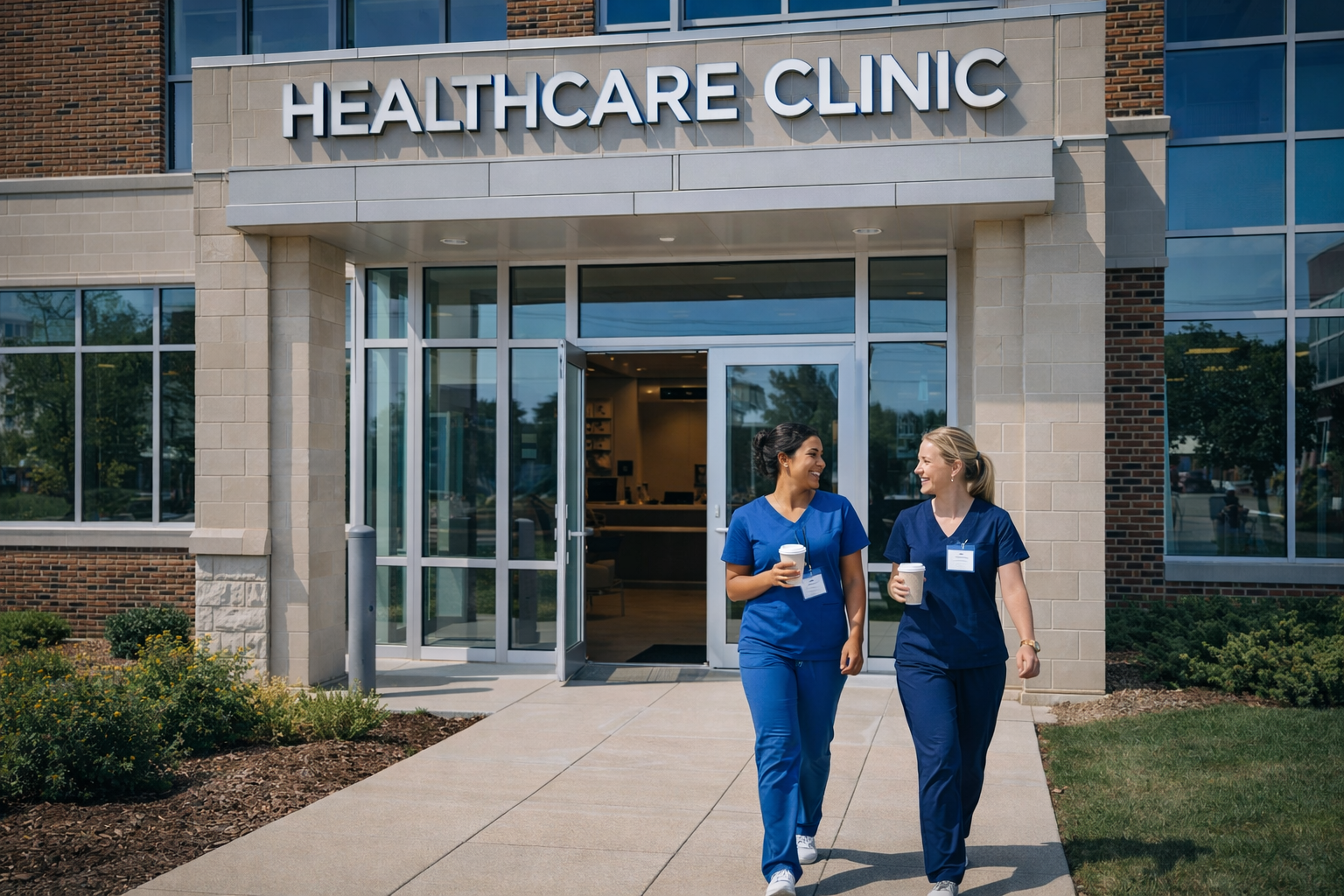 Medical professionals walking out of a modern, brick healthcare and clinic facility in Green Bay on a sunny day.