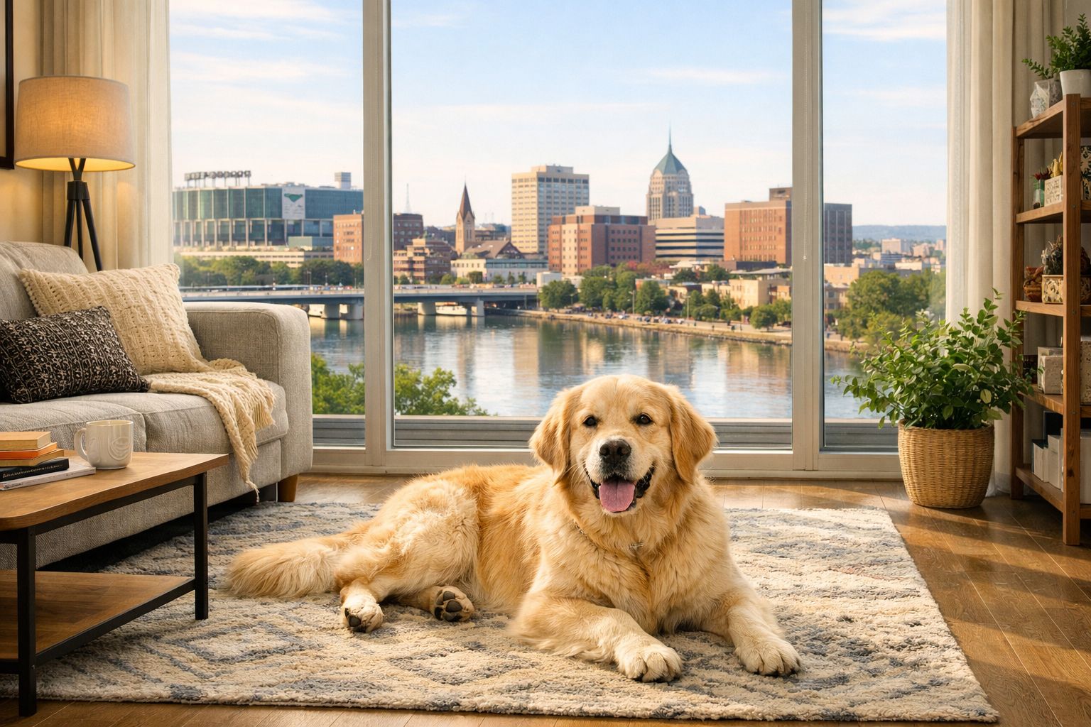 Happy Golden Retriever resting on a rug in a bright Green Bay apartment.