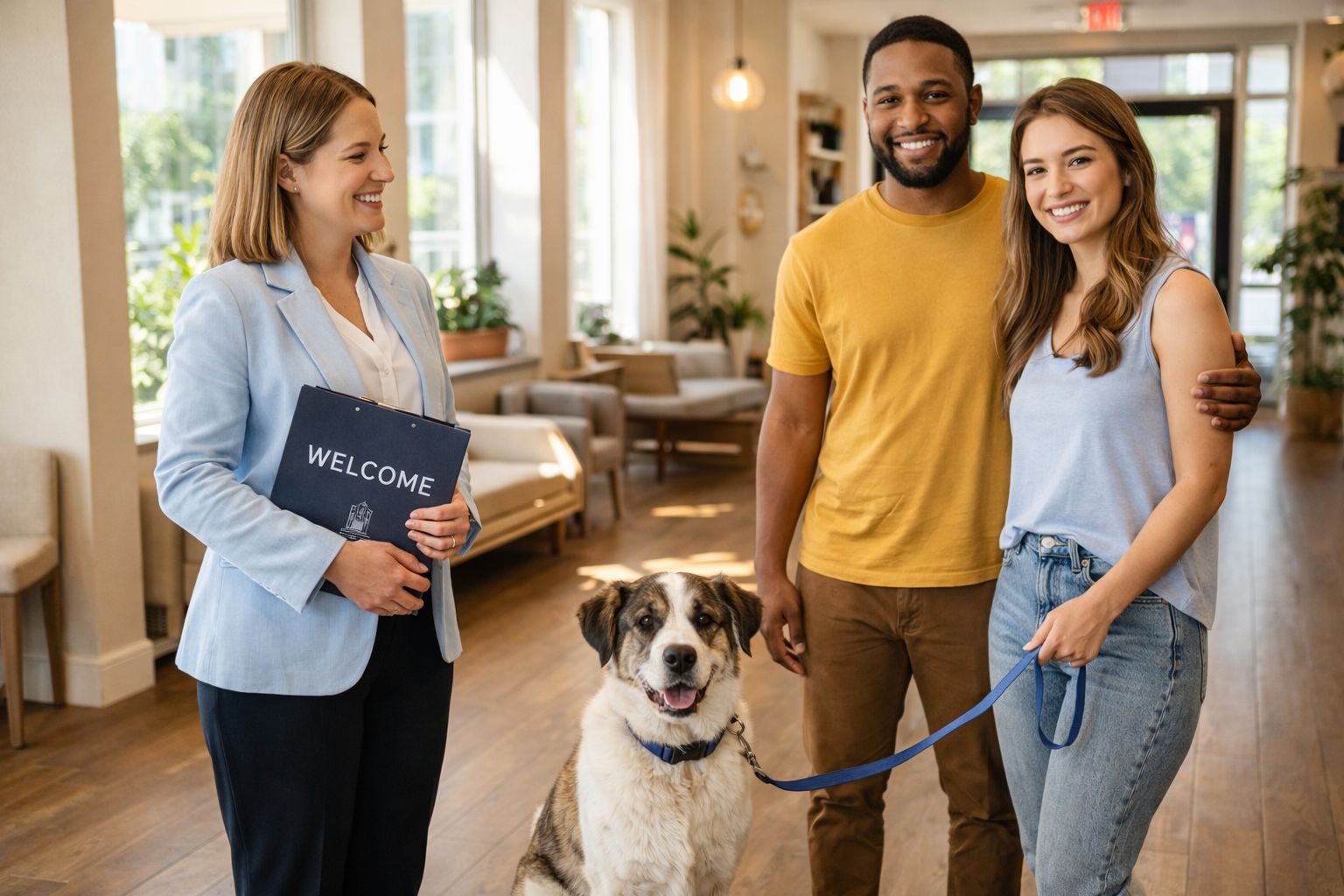 A smiling property manager welcoming a couple and their large mixed-breed dog into a modern apartment lobby.