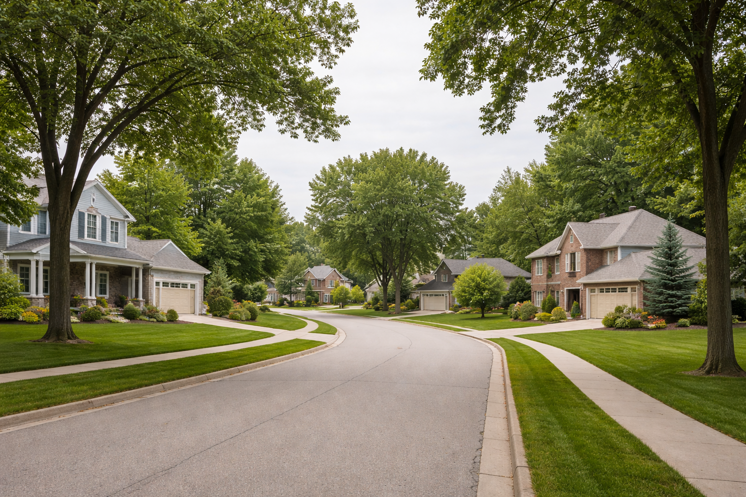 Curved residential street in Green Bay lined with mature trees and well-kept family homes on a summer day.