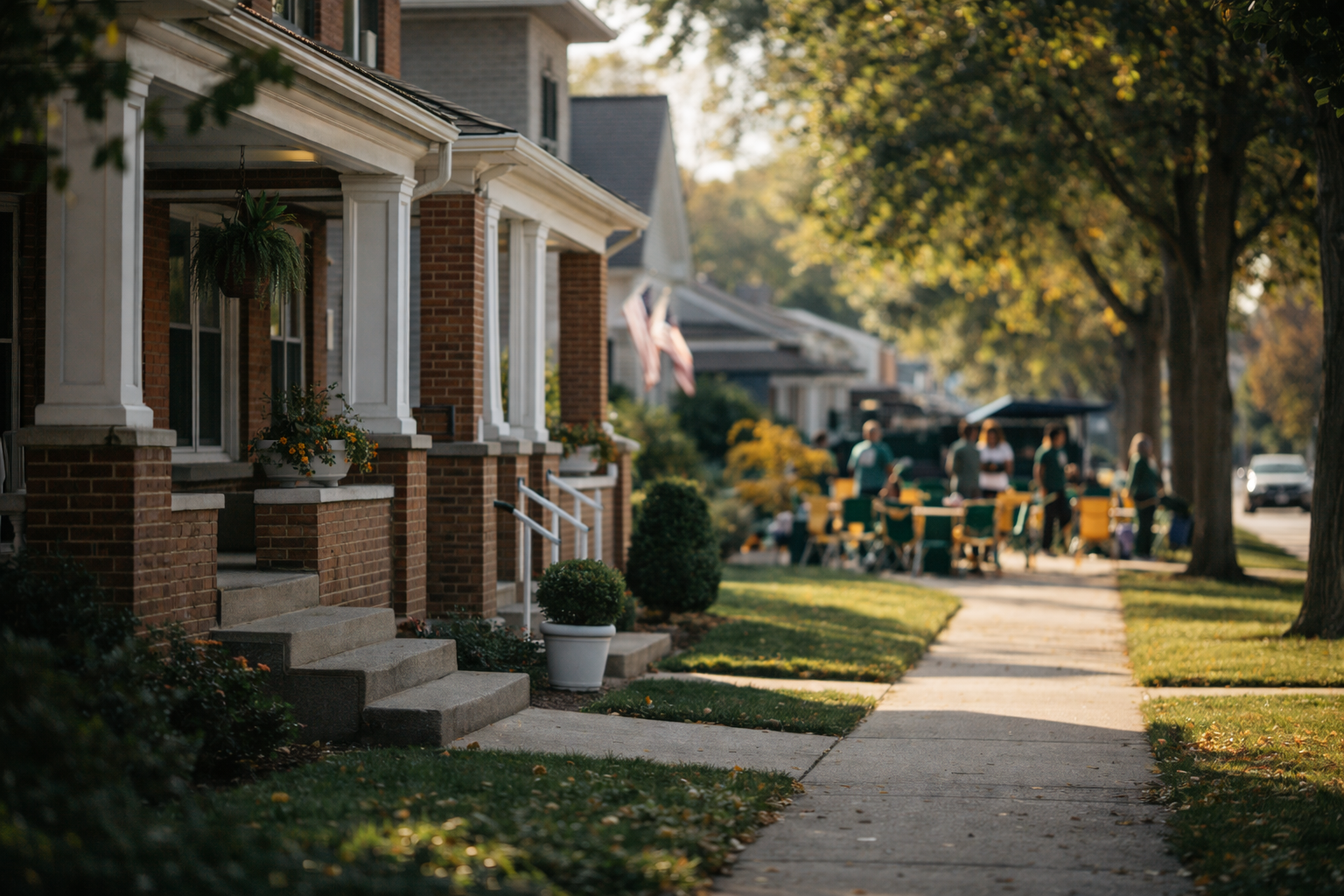 A classic brick duplex on a tree-lined residential street in Green Bay with neighbors setting up chairs in the background.