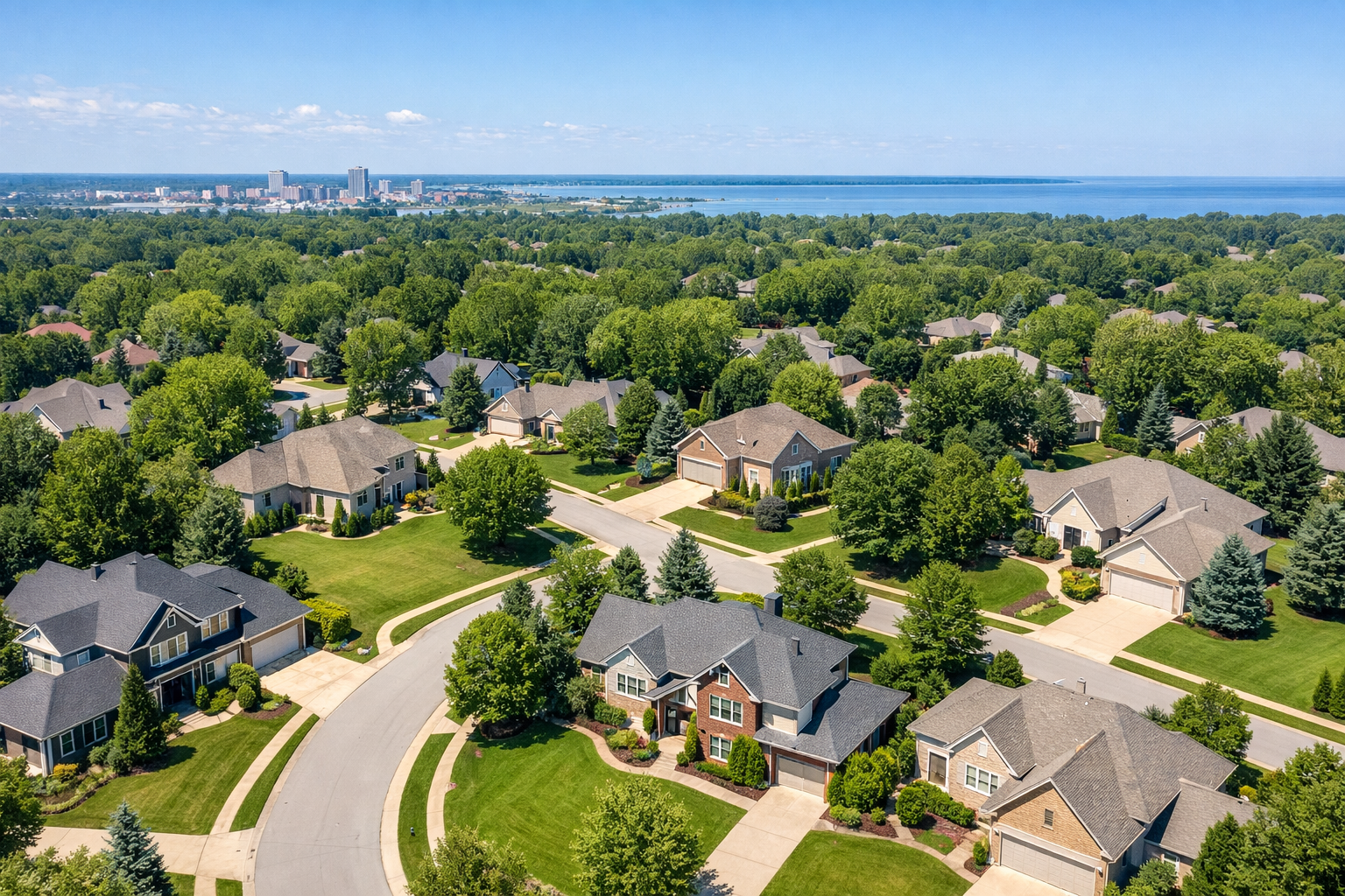 Aerial view of a Green Bay suburban neighborhood with tree-lined streets and Lake Michigan visible i
