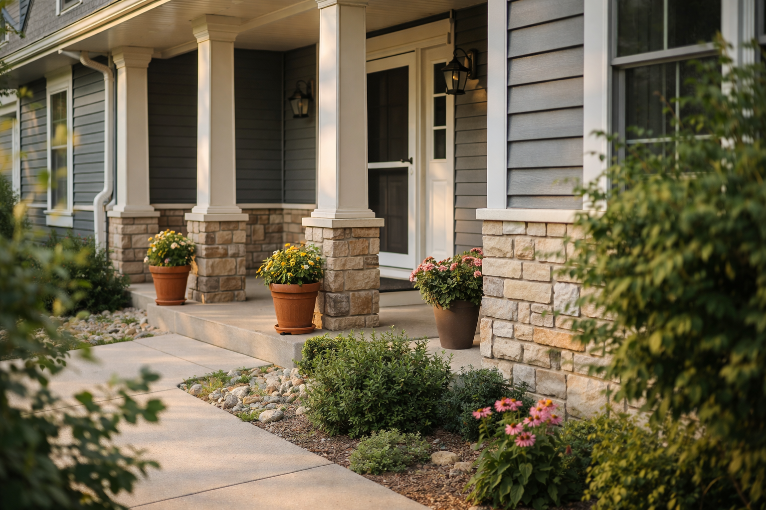 Front porch of a Green Bay suburban home with stone pillars, potted flowers, and summer landscaping.