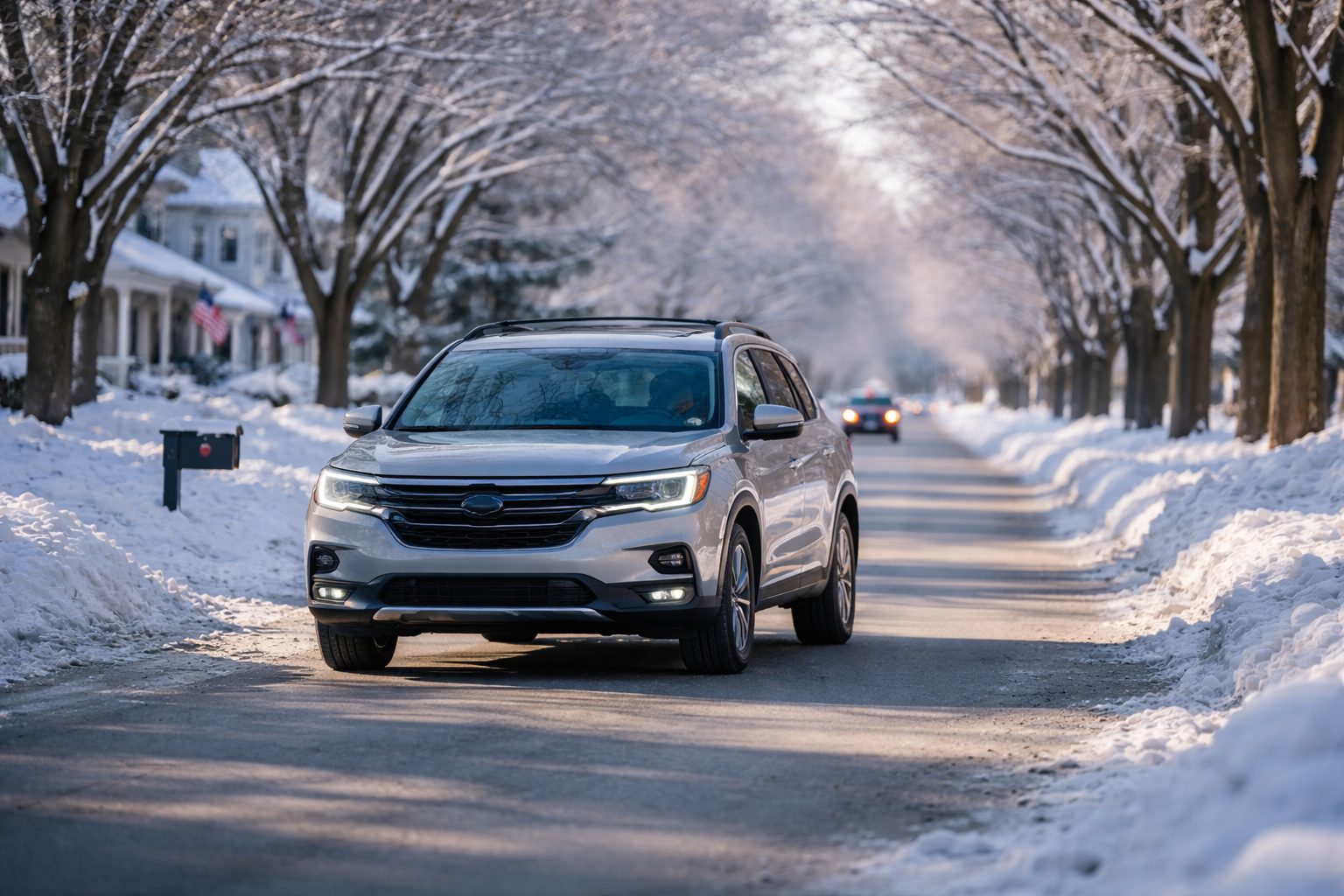 An SUV driving safely down a clear, plowed residential street in Green Bay on a winter morning.