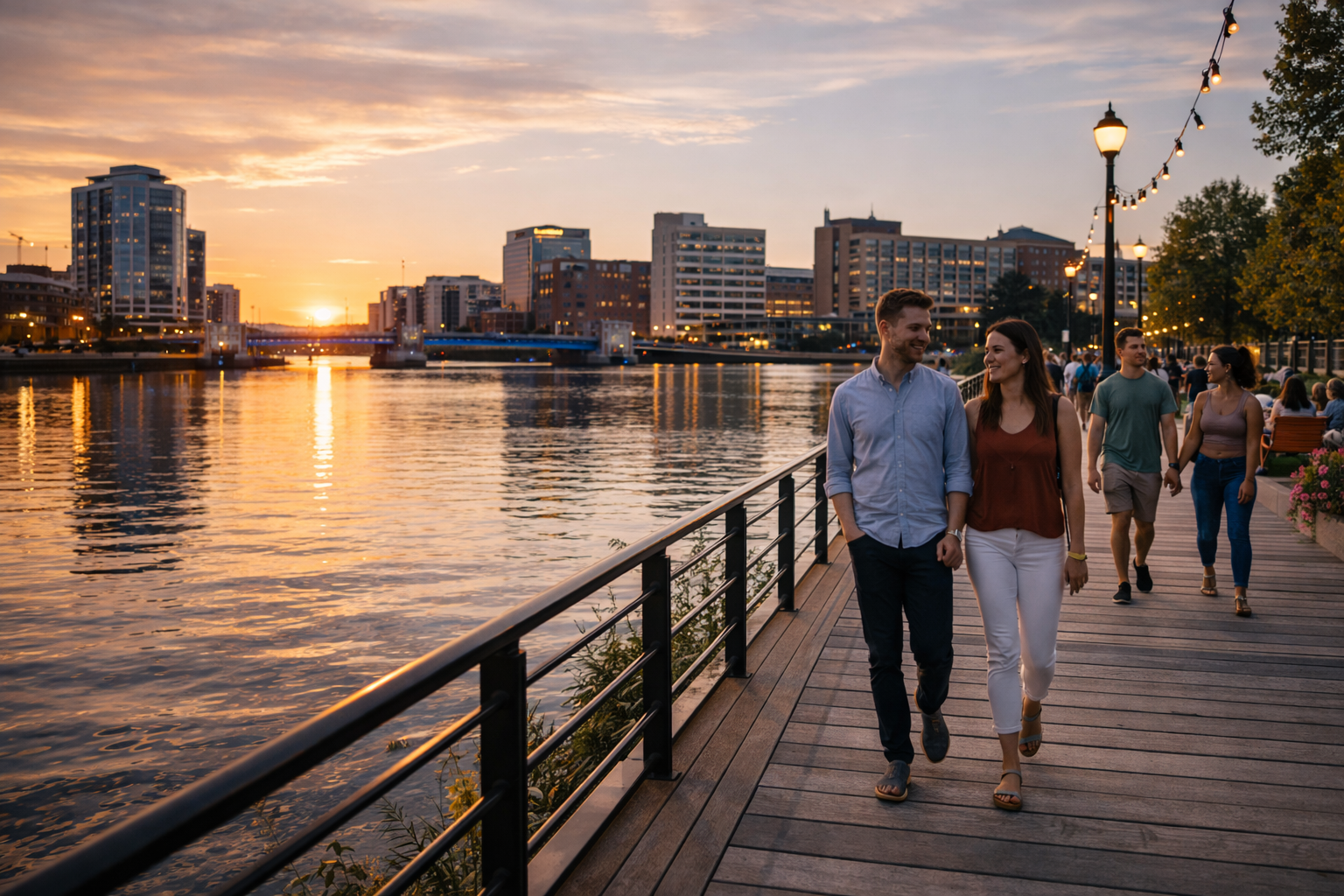 People walking along the wooden CityDeck boardwalk next to the Fox River