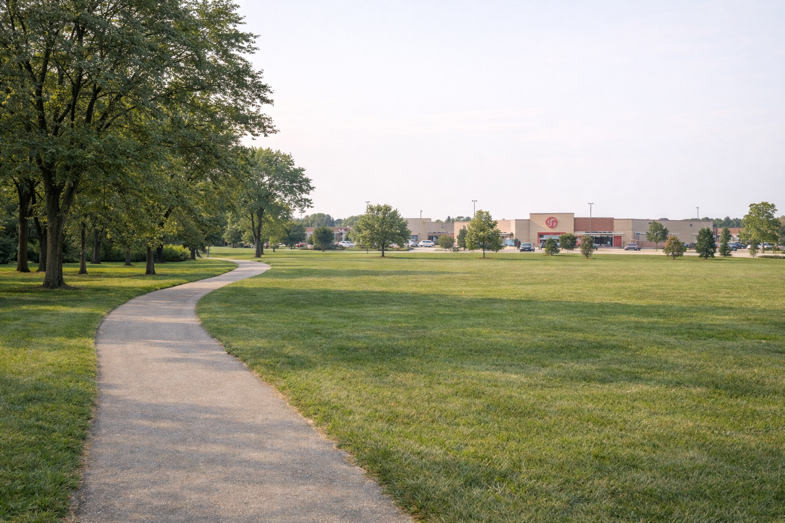 Walking path near a park with shopping center nearby in Greenfield