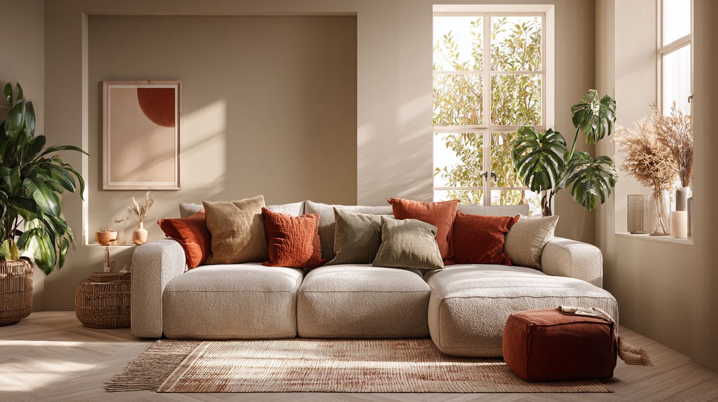 Cozy living room showing how to combine colors in your home with earthy tones and accent pillows