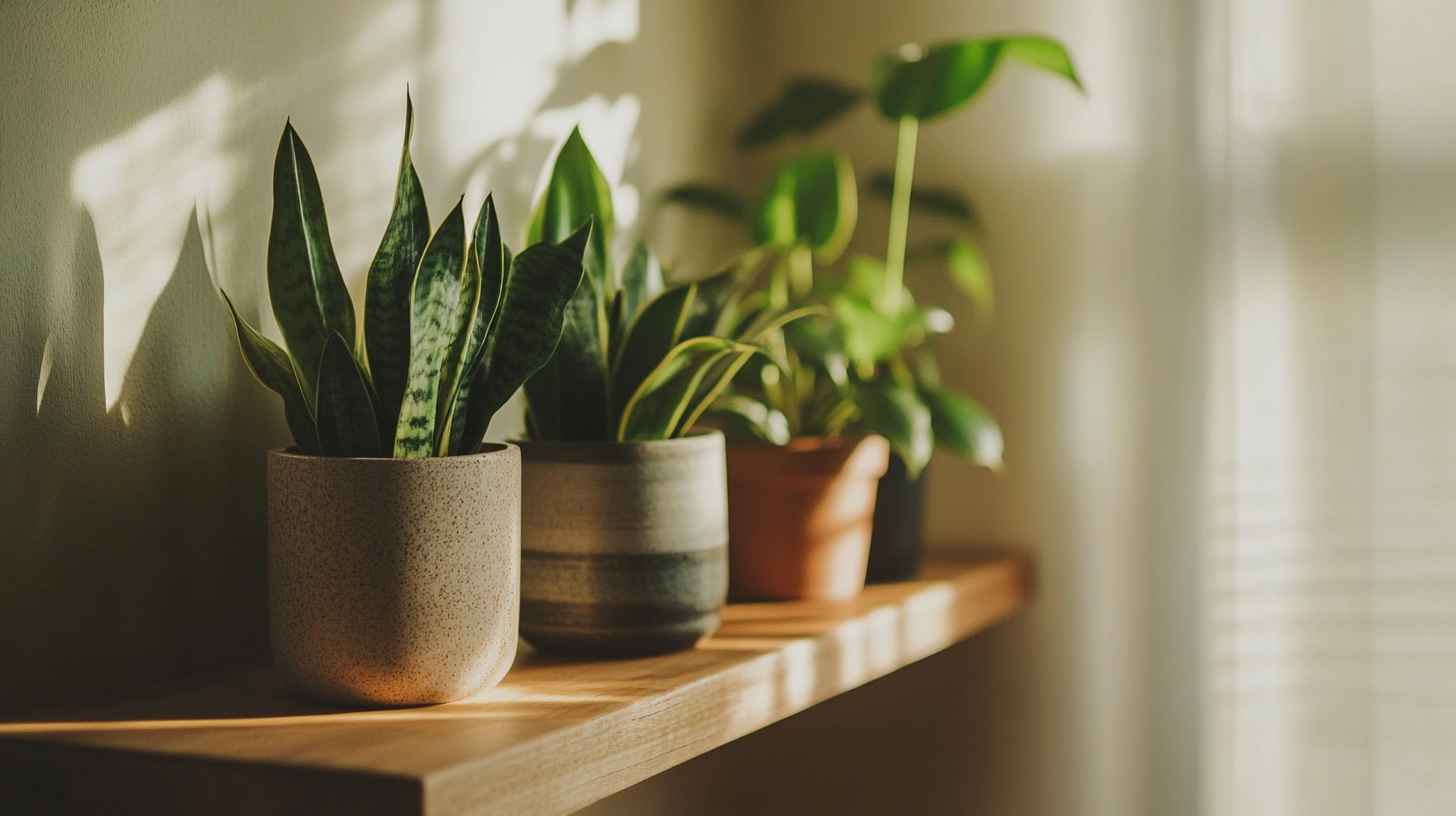 Collection of potted houseplants on a wooden shelf with soft window light