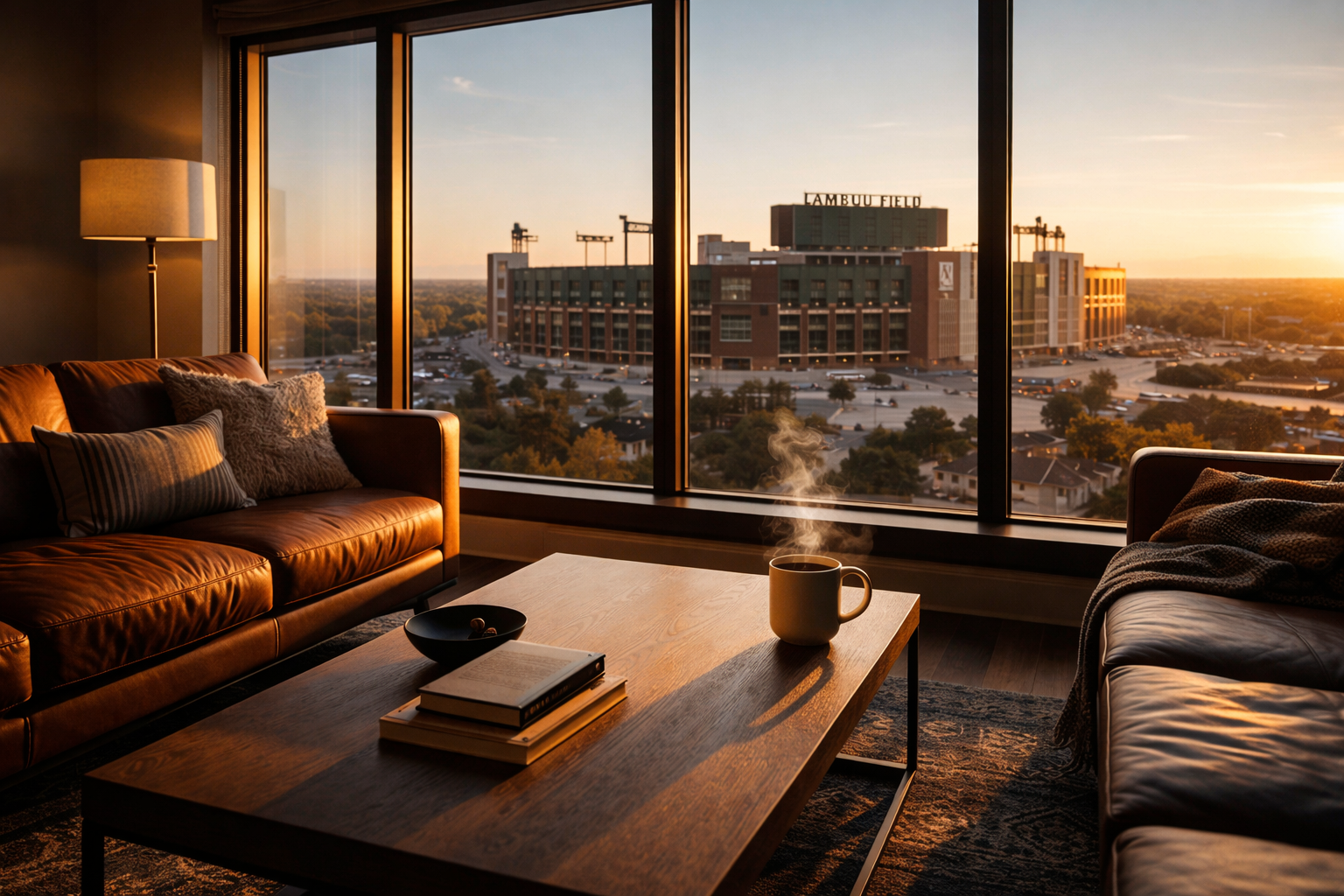 Green Bay apartment featuring large windows with a clear view of Lambeau Field in the distance.