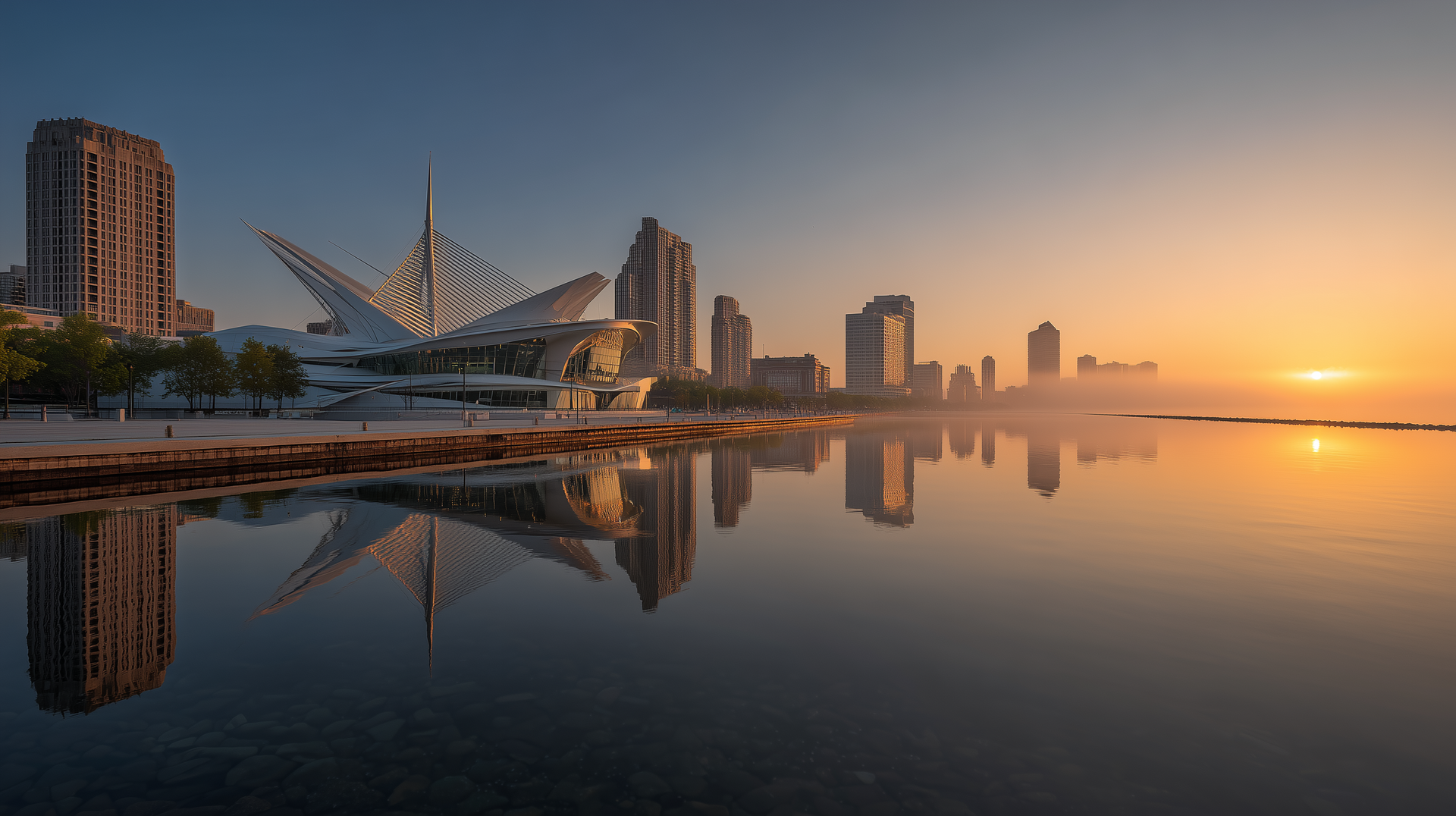 Milwaukee lakefront sunrise with the art museum and skyline reflecting on Lake Michigan, Wisconsin