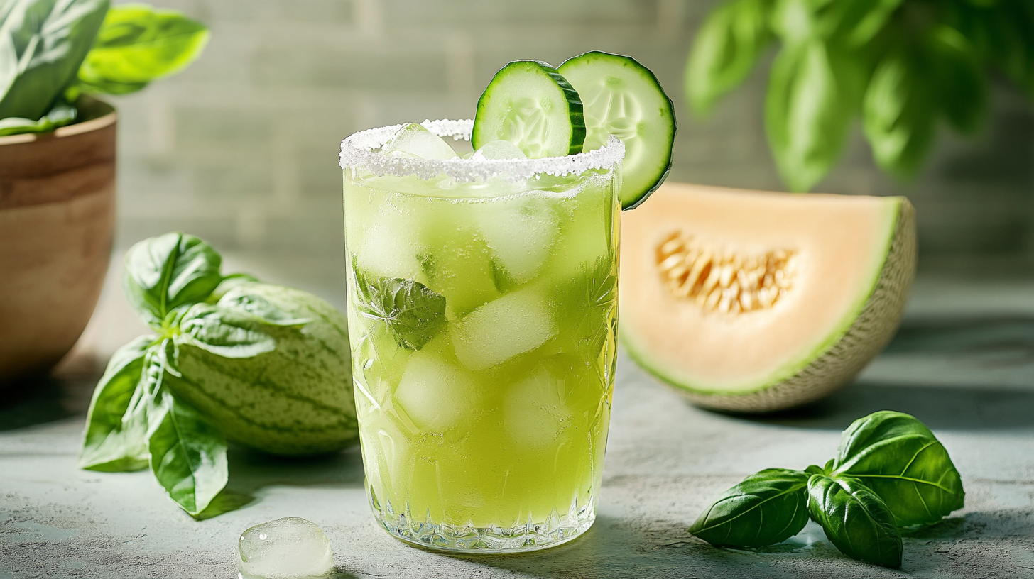 Cool green melon and cucumber soda Green melon cucumber soda in a glass with crushed ice and cucumber slices on the rim