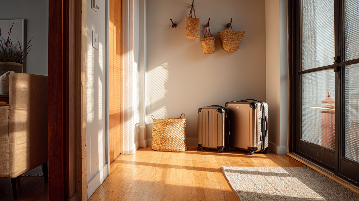 Clean apartment entryway in Milwaukee with suitcases and baskets in warm sunlight
