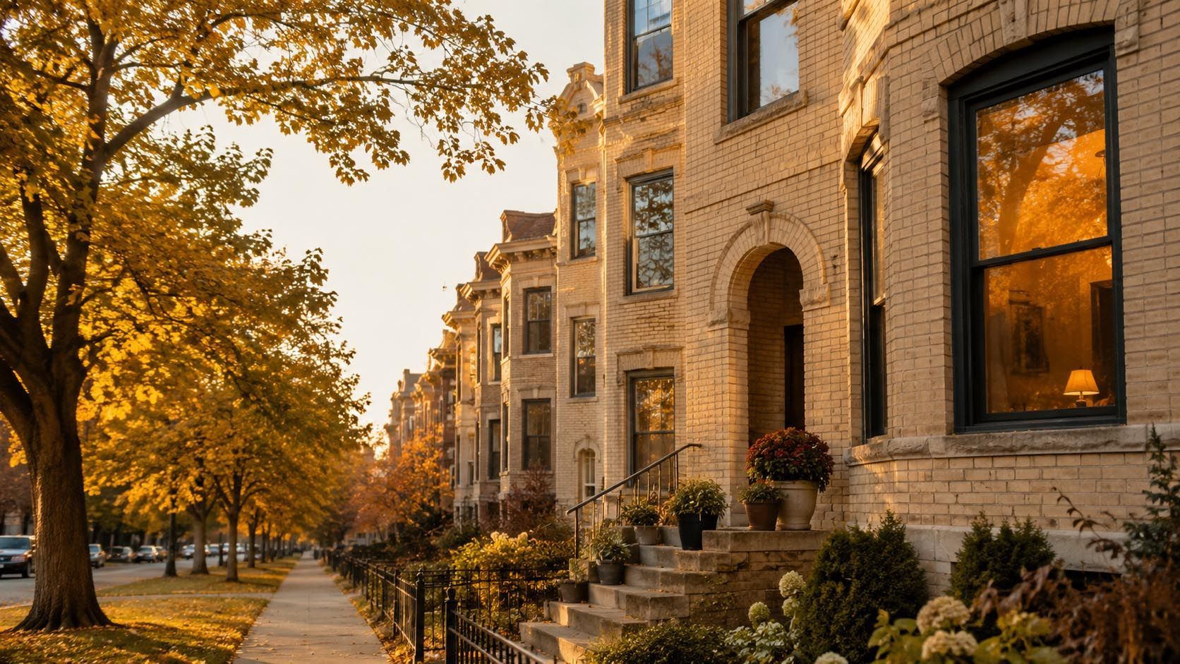 Classic Cream City brick apartment building on a tree-lined Milwaukee street at golden hour