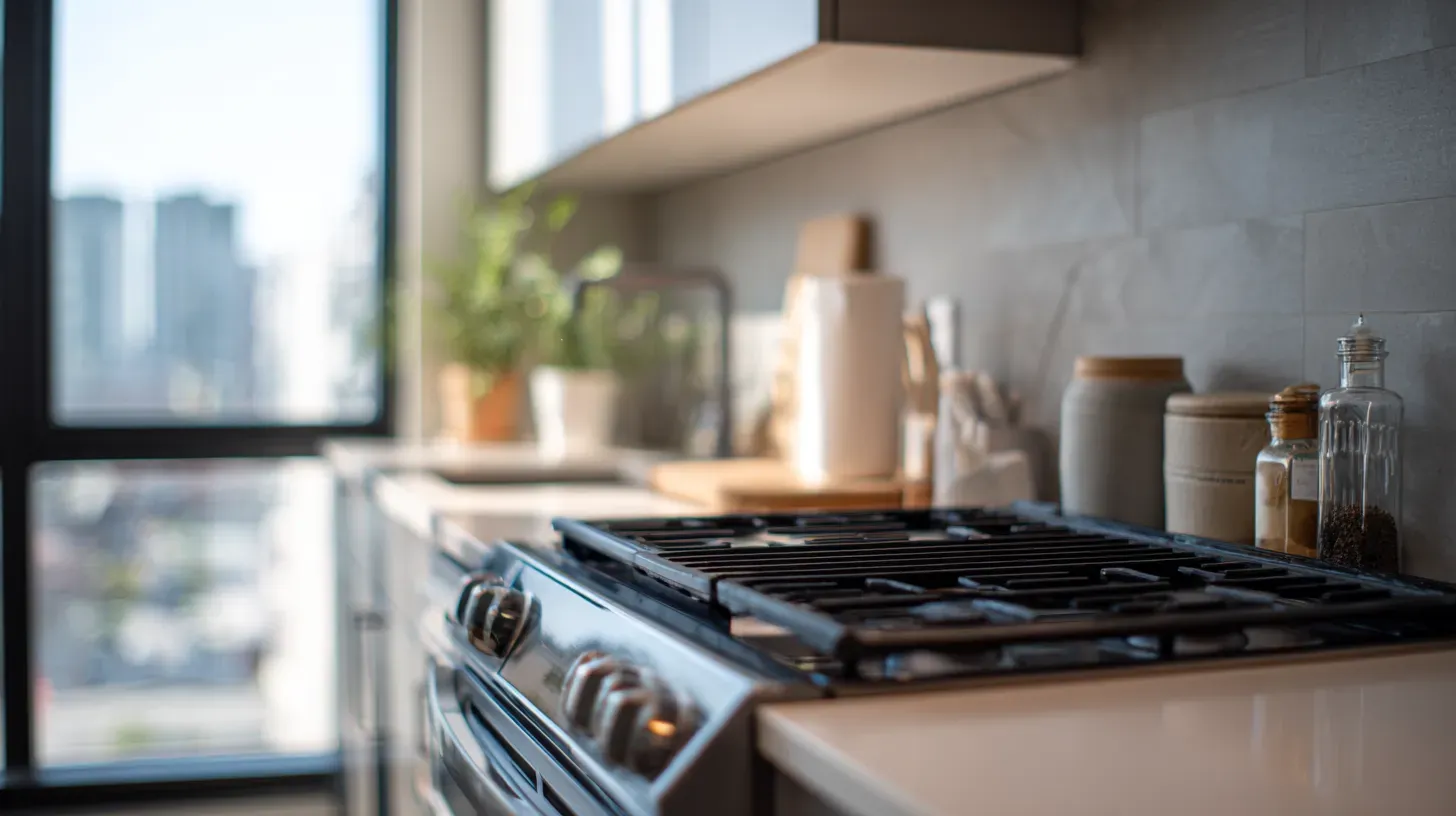Fire-safe, tidy kitchens help reduce risk and are important in renters insurance coverage Close-up of a clean stovetop in a Milwaukee apartment kitchen with jars and plants on the counter