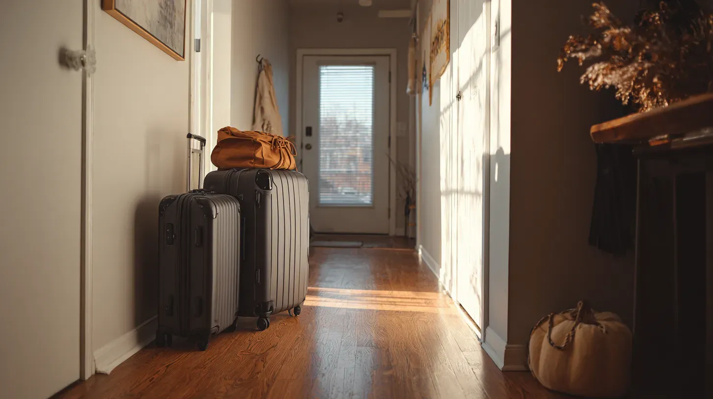Neatly packed luggage in an apartment entryway representing temporary housing after damage Packed suitcases placed in a Milwaukee apartment hallway with warm wood floors and soft lighting
