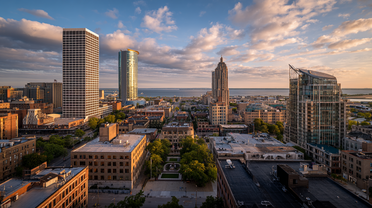 A wide-angle view of downtown Milwaukee with Lake Michigan in the background on a partly cloudy summ